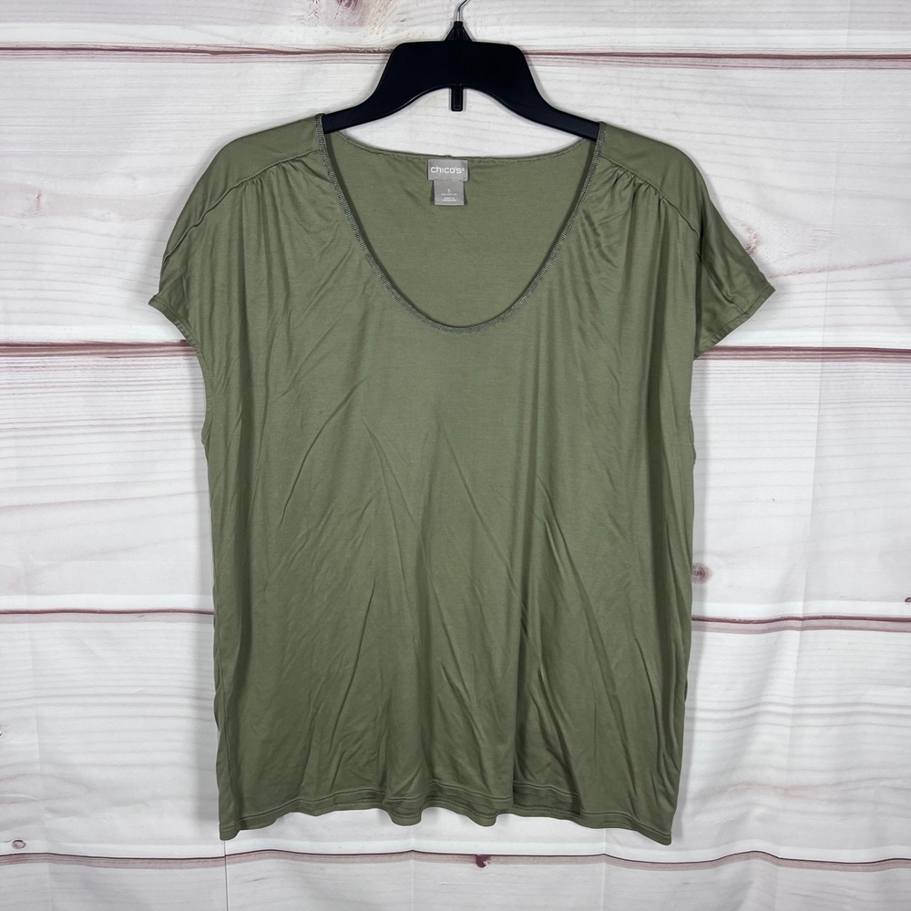 Chicos Modal Top Womens 3 XL Green Solid Scoop Neck Cap Sleeve Minimalist Casual